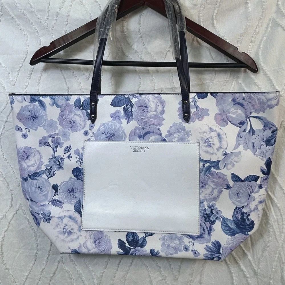 Victoria's Secret Floral Tote Bag Blue Lavender Purple White Large Shoulder NEW